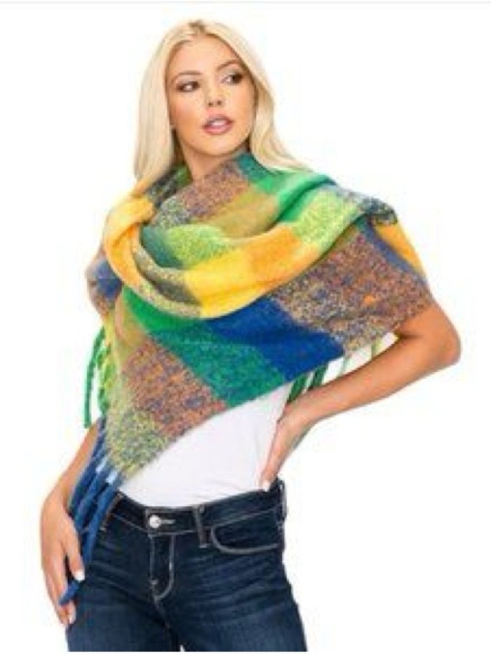 Multicolor Knit Shawl Wrap - Green, Blue & Yellow